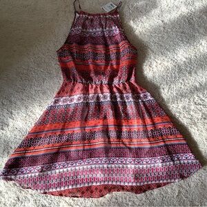 NWT Rebellion Orange, brown, blues Sleeveless Halter Sundress, knee length, NEW